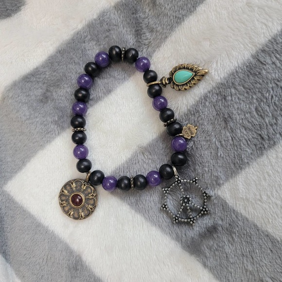 Lucky Brand Jewelry - Lucky Brand Purple Black Boho Beaded Charm Bracelet Y2K